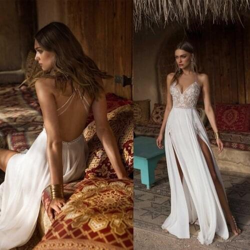 Sexy A-line High Side Split Wedding Dresses V Neck Lace Appliques Beaded Vestios De Novia Backless Wedding Dress Bridal Gowns