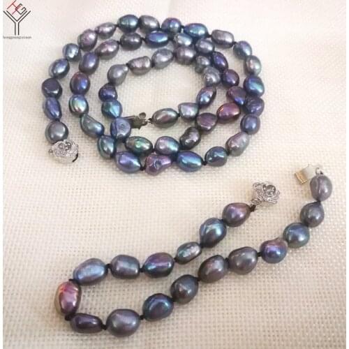Women Jewelry 100% real pearl necklace bracelet set 10mm AAA black gray purple colors baroque natural pearl gift