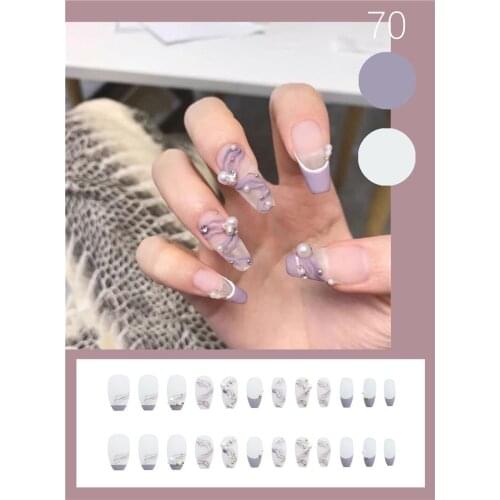24pcs Pearls Inlaid Nail Patch Purple Glue Type Removable Long Paragraph Fashion Manicure Save Time False Nail Patch SK88