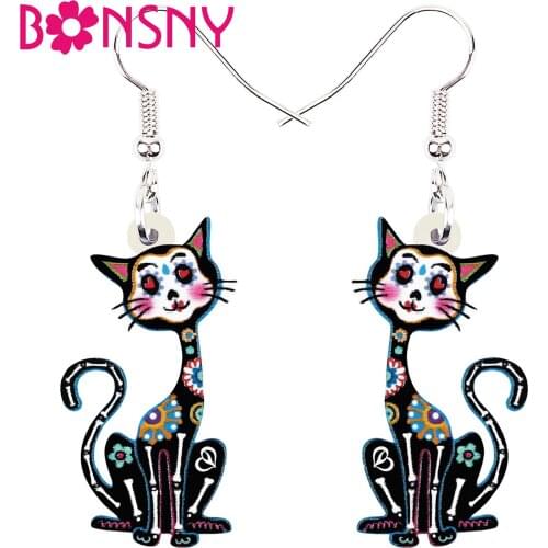 BONSNY Acrylic Halloween Sweet Flowers Skull Skeleton Cat Kitten Earrings Fashion Drop Dangle Novelty Gifts Jewelry For Women