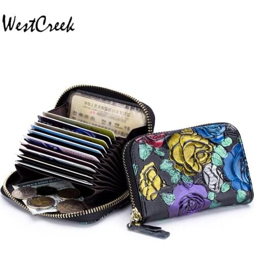 WESTCREEK Brand Genuine Leather Fashion Rose Embossed Zipper Card Holder RFID Wallet For Female Minimalist Credit Cards Purse