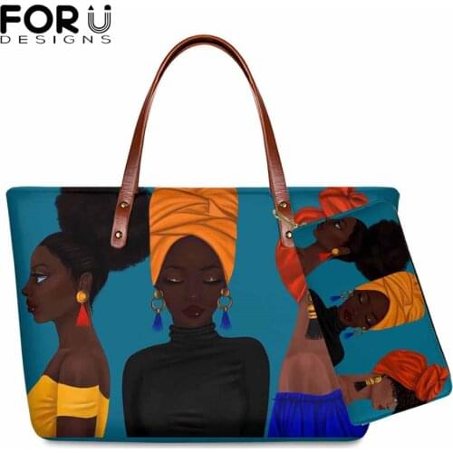 FORUDESIGNS Black Women Art African Girls Handbags Ladies Luxury Design Purse&Handbag for Females 2pcs/set Shoulder Tote Bags