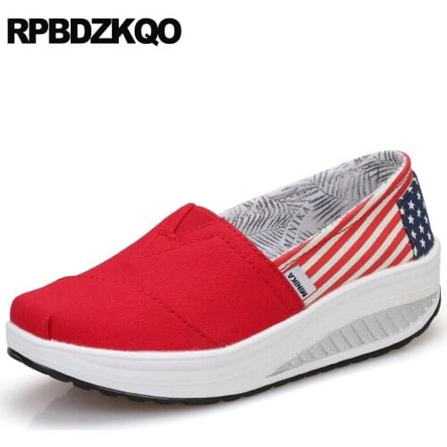 Floral Women Thick Sole Canvas Walking Cheap Shoes China American Flag Slip On Red Flats Swing Square Toe European Fashion