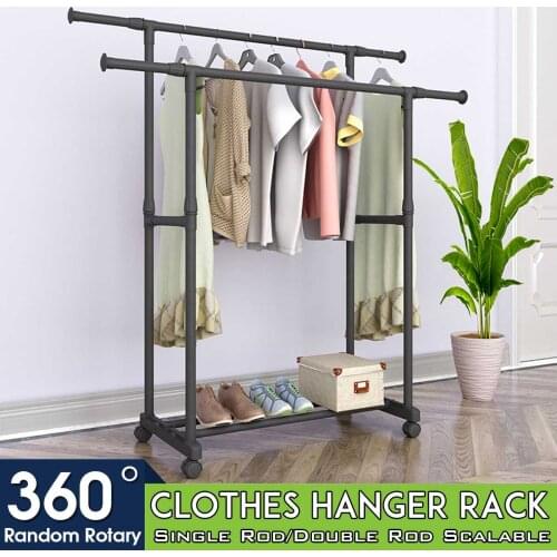 Double Pole Drying Rack Floored Hanger Minimalist Clothes Drying Rod Folding Indoor Balcony Clothing Rack Hanger Coat Stand
