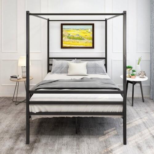 Queen/Full/Twin Canopy Metal Bed with Headboard&Footboard Foundation Platform Frame Metal Slat Black Holds 450lbs Easy Assembly