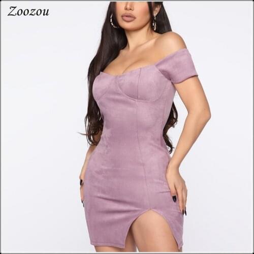 Elegant Suede Leather Off Shoulder Sheath Dress Women Sexy Short Mini Leather Dresses Bodycon Slim Party Dress Low Cut Backless