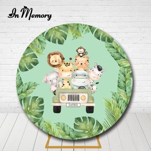 InMemory Green Leaves Safari Jungle Round Backdrop Cover Wild Animals Driving Car Kids One 1st Birthday Party Circle Background