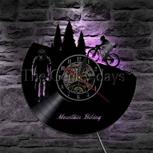 Mountain Biking Sport Vinyl Record Wall Clock With LED illumination Cycling Racing Bike Rider Silhouette Wall Light