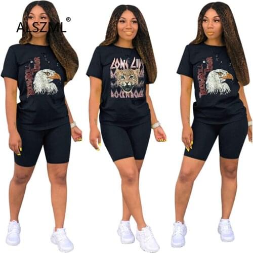 Classic streetwear black 2 piece set 2020 summer leisure women o neck letter print tees and shorts tracksuit outfit