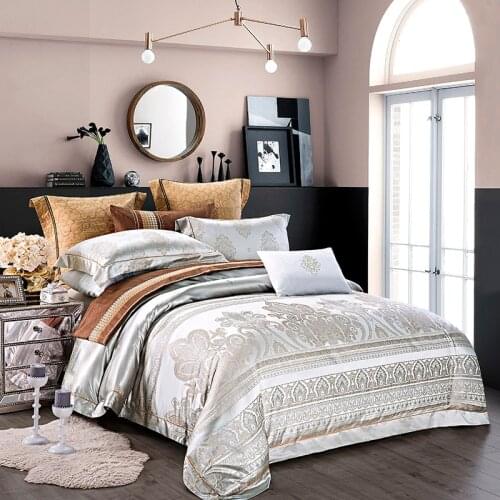 IvaRose 4-Pieces Silver Luxury Bedding Set Queen King Size Bed Set Jacquard Lace Duvet Cover Bed Sheet Bed Linen