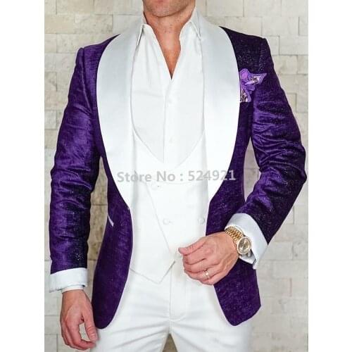 Custom Made Men Suits Shiny Purple and White Groom Tuxedos Shawl Lapel Groomsmen Wedding Best Man ( Jacket+Pants+Vest+Tie ) C960
