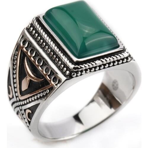 925 Sterling Silver Men Ring with Big Green Onyx Stone Finger Rings Demon Pattern Vintage Style for Men Fashion Jewelry