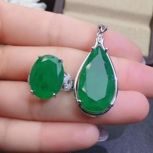 Real Natural Emerald jewelry set Natural Real Emerald 925 sterling silver 1pc pendant,1pc ring