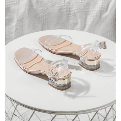 2021 New Mid-Heel Sandals Womens Summer Fashion Transparent Laces Fashion Single Shoes Women Square Toe Thick Heel Pumps