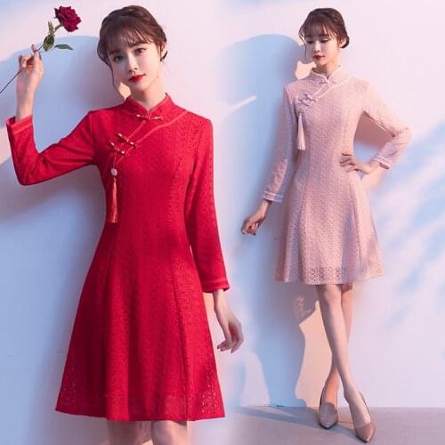New Lace Dress Women Red Pink Slim Chinese Style Improved Cheongsam New Year Christmas Dresses Long Sleeve QIPAO Plus Size 5XL