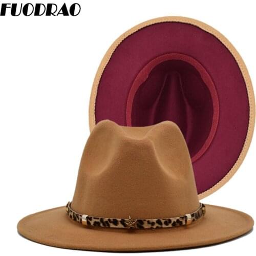 FUODRAO New Yellow Purple Patchwork Wool Jazz Fedora Hats Men With Belt Buckle Women Wide Brim Panama Cowboy Cap F50