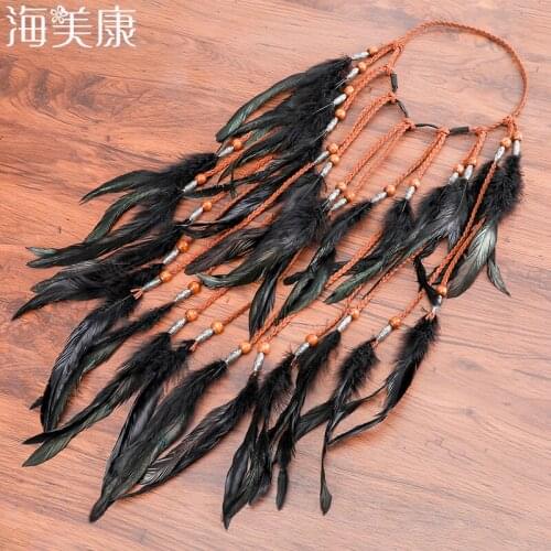Haimeikang Fashion Boho Style Black Feather Headband Hairpiece Beads Feather Headdress Handmade Girls Hair Accessories