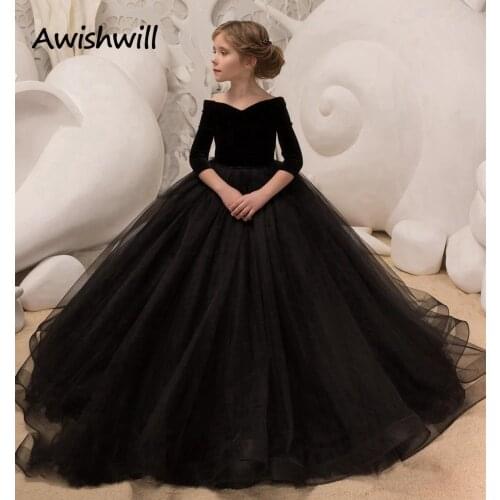 Real Photo Black Princess A-line Tulle Party Dresses Flower Girls