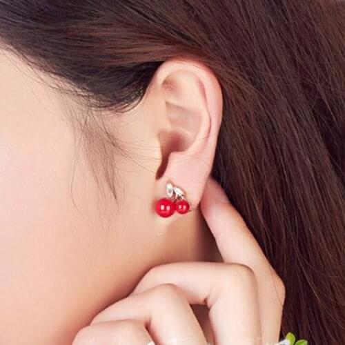 Sweet White Red Cherry Pearl Earrings Non Pierced Ear Clip Zircon Stone Earrings Wedding Ear Cuff Jewelry Hypoallergenic