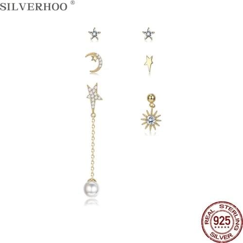 SILVERHOO 925 Sterling Silver Shiny Star Moon Asymmetry Shell Pearl Earring Dangle For Women Luxury CZ Golden Stud Earrings Sets