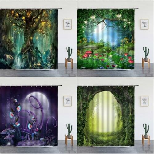 Fairy Tale Forest Shower Curtains Set Magic Mushroom And Tree Printed Kids Girl Wall Hanging Bathroom Decor Fabric With Hooks