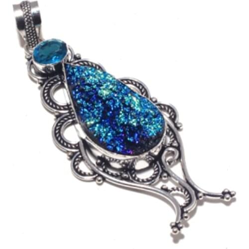 Titanium Druzy Pendant Silver Overlay over Copper , 88 mm , P7345