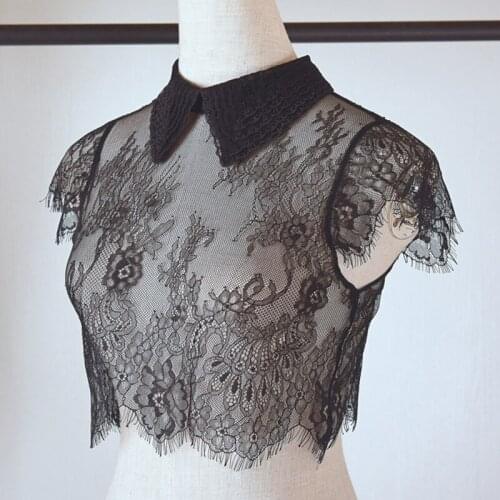 Women Eyelash Trimmed Floral Lace False Fake Collar Cap Sleeves See-Through Lapel Detachable Half Shirt Blouse Solid Color Decor