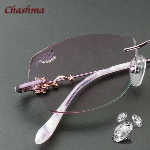Glasses Women Eyeglasses Frames Rimless Colored Prescription Glass Diamonds Trimmed Anti Blue Ray Anti Resistance Lens