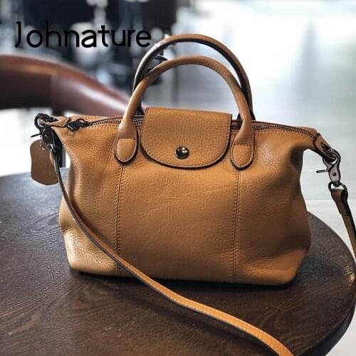 Johnature Fashion Luxury Handbags Women Bags 2021 New Genuine Leather Large Capacity Soft Cowhide Shoulder & Crossbody Bags