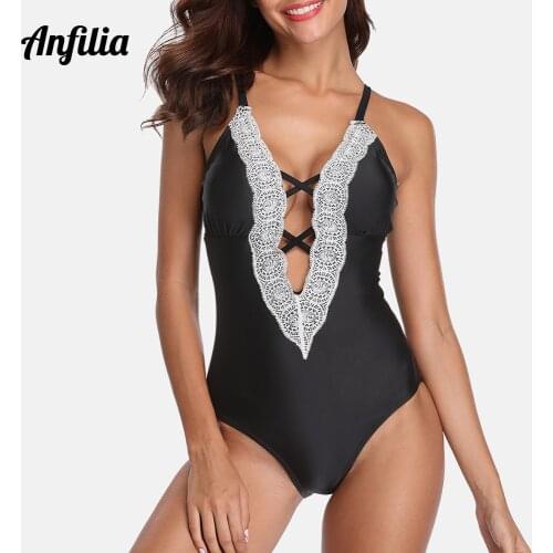 Anfilia Women One Piece Swimwear Deep V Sexy Swimsuit Lace Monokini Push-up Bathing Suit Retro Vintage Beach Wear