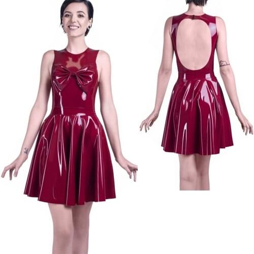 Women Sleeveless Open Back Party Sexy Mini Dress Leather PVC Japanese sweet lolita dress big bowknot kawaii gothic A-Line Dress