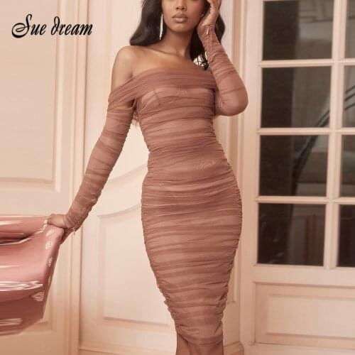 2020 Latest Summer Dress Mesh Brown Strapless Long-sleeved Tight Dress Womens Dress Party Dress Vestidos Wholesale