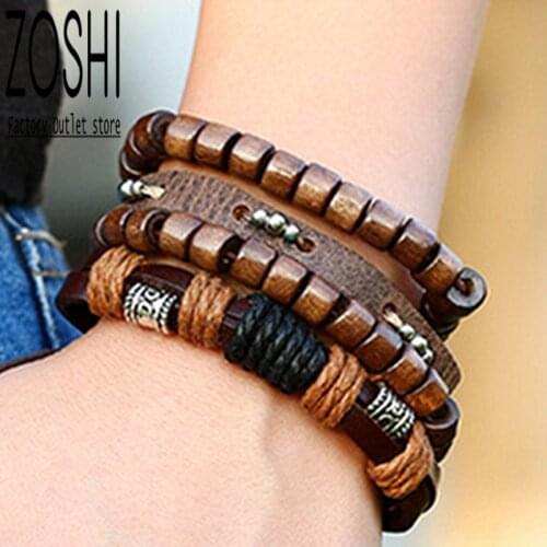 4PCS/Set Vintage Carved Wave Charm Leather Bracelet Brown Metal Wooden Beads Beaded Weave Multilayer Bracelet Set Punk Jewelry