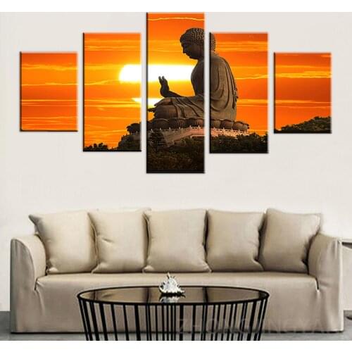 5 pieces sunset large Buddha statue picture poster HD print canvas photo wall art decoration For Living Room Framework Artwork