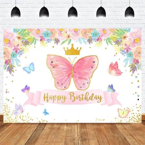 Butterfly Theme Birthday Party Photography Backdrop Princess Gold Crown Happy Birthday Background Girl Spring Watercolor Flowers
