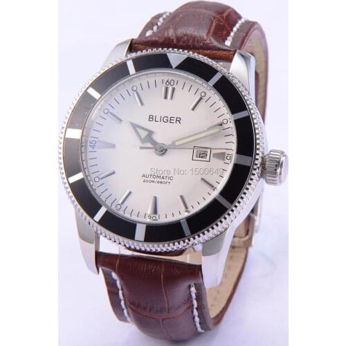 Bliger 46mm Simple and stylish style white dial Black bezel Stainless steel case Automatic Mens Watch 1864
