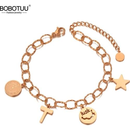 BOBOTUU Titanium 316L Stainless Steel Bohemia Beach Chain Link Bracelets For Women Trendy Bell Luck Star Charm Bracelet BB20122