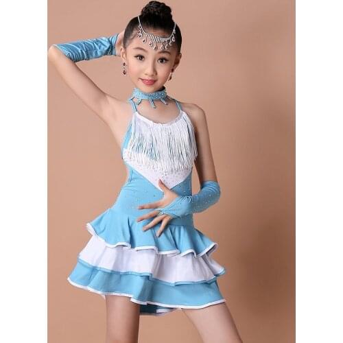 Childrens Professional Latin Dance Dress Girls Performances Bright Diamond Tassels Suit Girls Latin Dance Clothes B-5636