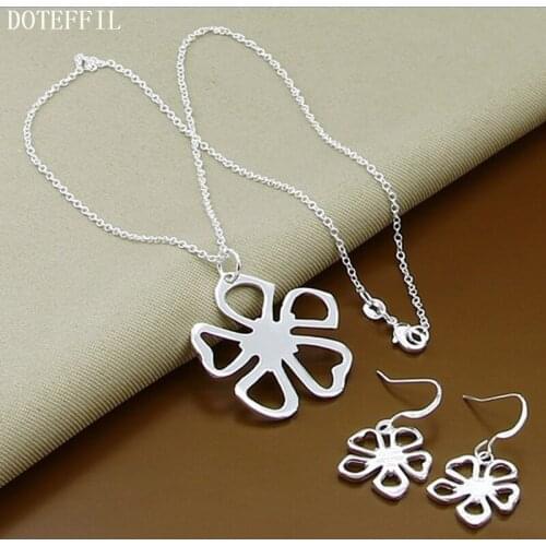 DOTEFFIL 925 Sterling Silver Flower Necklace 18 Inch Chain Ring Set For Woman Wedding Engagement Party Fashion Charm Jewelry