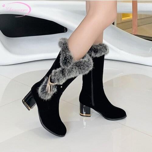 Elegant comfortable round toe winter warm mid-calf boots fashion metal decoration zipper high heels riding boots womens shoes