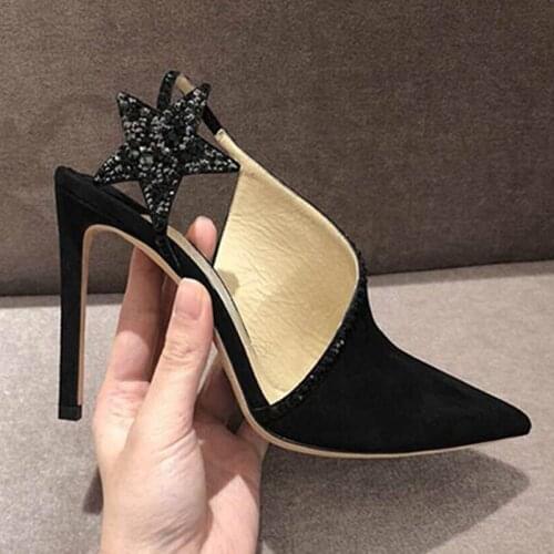 Elegant Ladies Rhinestone Five Point Stars Sandals Pentacle High Heel Fashion Black Suede Summer Slip on Party Dress High Heels