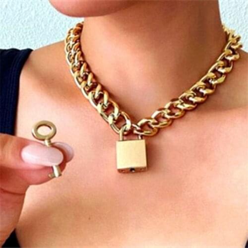 Gothtic Gold Lock Chunky Chain Necklace For Women Men Big Chain Unlockable Lock Key Pendant Necklaces Exaggerated Jewelry