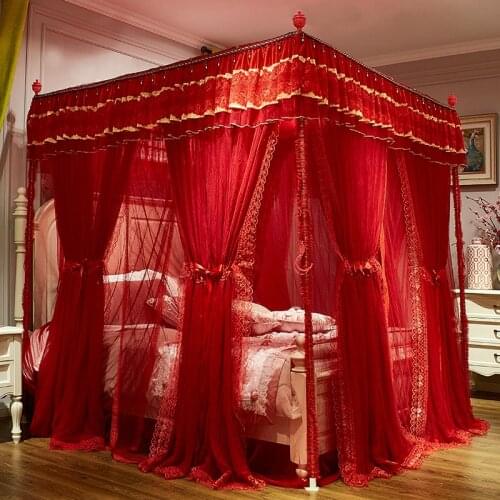 Red Mosquito Net Princess Lace Four Corner wedding Canopy Bed Mosquito Net for Full Queen King Bed Drop Shipping