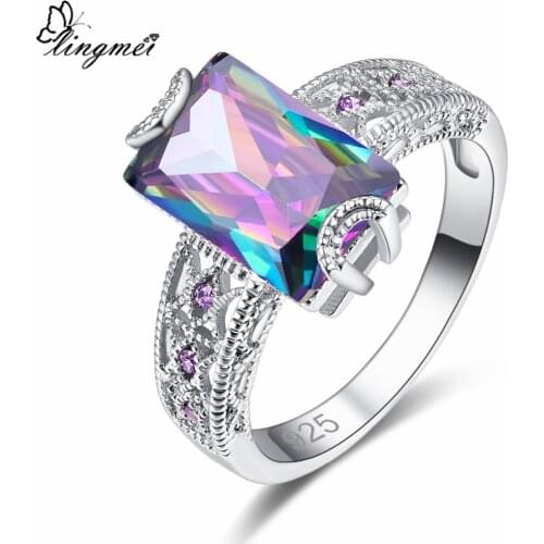 Lingmei New Elegant Rectangle Multi & Green Purple CZ Silver Color Ring Size 6-9 Women Fashion Jewelry Engagement Women Gift