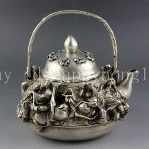 Marked Chinese Silver Carving Eight Immortals 8 God Portable Wine Tea Pot Flagon