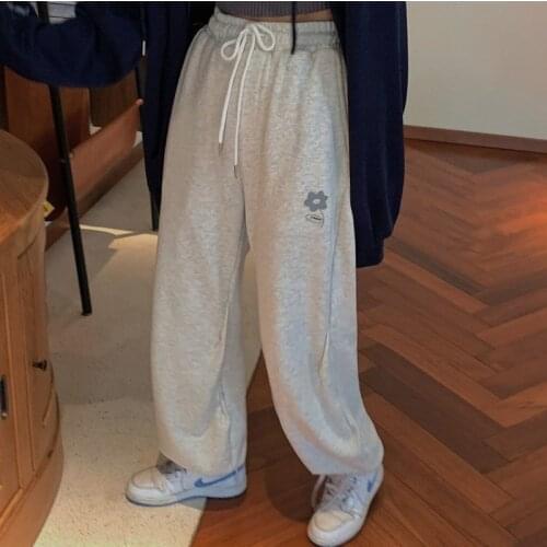 QWEEK Korean Fashion Gray Jogging Sports Pants Women Baggy Kawaii Floral Oversize Joggers Sweatpants Wide Trousers For Female