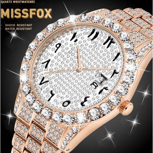 MISSFOX Mens Arabic Numeral Watch Rose Gold AAA Watch Men Explorer Waterproof Bling Bling Hand Watch For Men relogio masculino