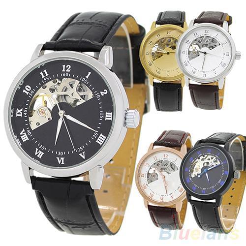 Mens Mechanical Hollow Dial Faux Leather Band Arabic Numerals Wrist Watch