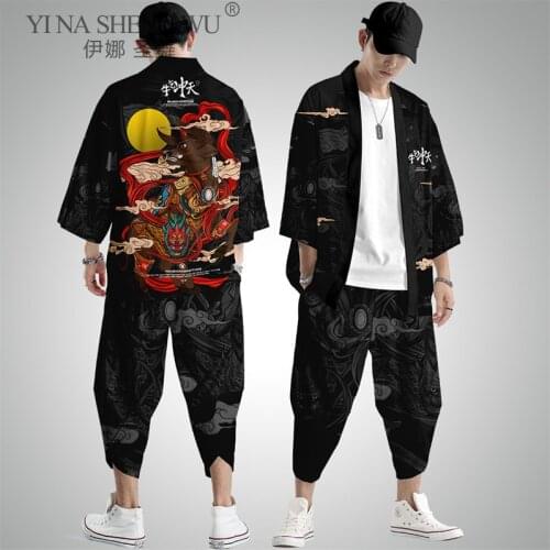 Men Japanese Style Kimono Streetwear Harajuku Kimono Japan Black Printed Clothes Coat And Pants Beach Coat Haori Asian Costumes