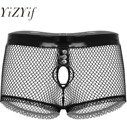 Mens Lingerie See-through Patchwork Underpants Hollow Out Fishnet O Ring Boxer Shorts Patent Leather Waistband Erotic Underwear